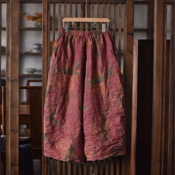 燕燕~亞麻~寬鬆版型～大尺碼休閒印花雙層復古休閒闊腿褲 長褲 