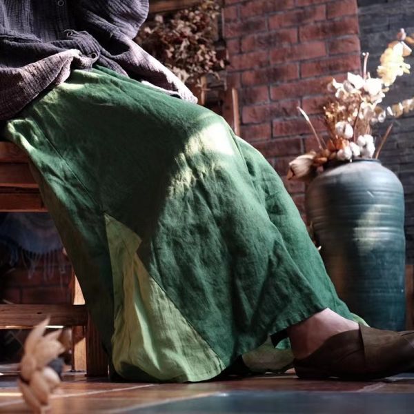 燕燕～純亞麻 做舊雪花洗色織大擺長裙。ab203501 