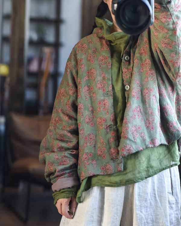 燕燕~苧麻夾棉 數位印花短外套寬鬆休閒文藝復古女棉衣外套 