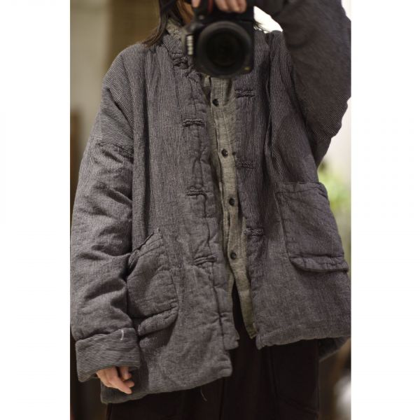 燕燕~棉麻商品~冬季款。亞麻 文藝色織寬鬆夾棉盤扣立領棉服外套 