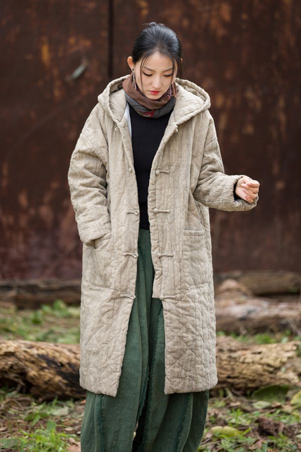 燕燕～苧麻 菱格絎縫棉服加厚保暖長款棉衣外套 