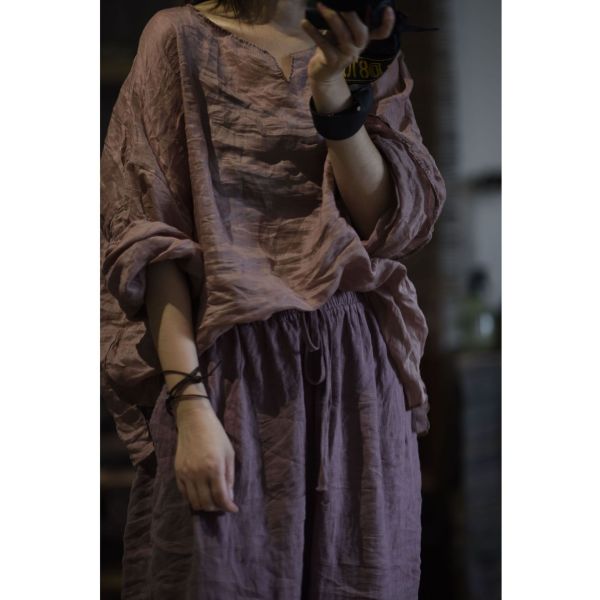 燕燕～夏季  輕薄苧麻落 文藝復古落肩套頭小衫上衣 長袖棉麻衫 