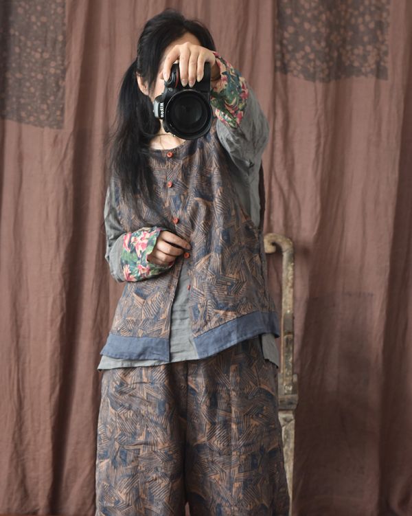 燕燕~亞麻. 印花拼布無袖撞色背心 