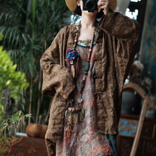 燕燕~棉麻商品~純亞麻 雪花洗印花工藝寬鬆外套 