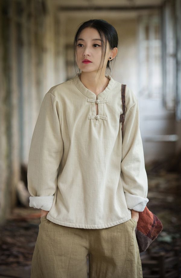 燕燕~秋冬新款 苧麻加絨加厚打底衫 盤扣復古文藝上衣T恤 (加絨加厚設計） 