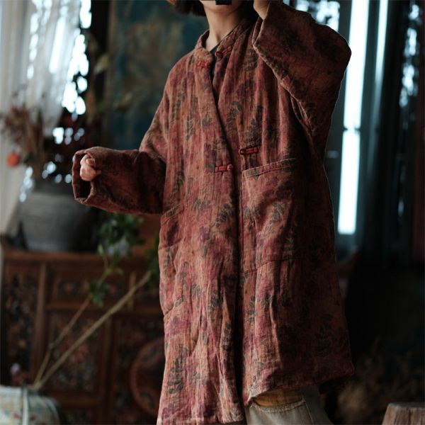 燕燕~棉麻商品~雙層棉紗。  復古大花寬鬆立領棉衣棉外套     ab192701 