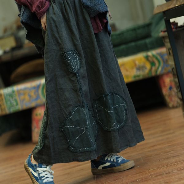 燕燕～春秋款 復古文藝高端水洗亞麻貼花長裙 