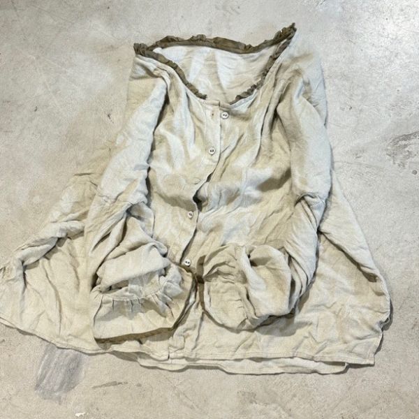 燕燕~文藝復古長袖麻棉燻色工藝炒舊撞色花邊領開衫襯衫 上衣 