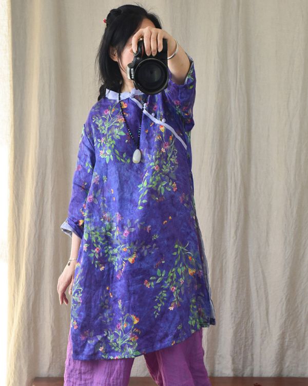 燕燕~春秋夏款   亞麻 數位印花中長洋裝 斜衫扣國風復古長衫上衣 可當洋裝 連身裙 