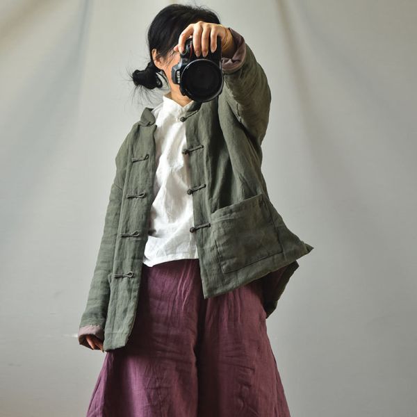燕燕~秋冬新品～亞麻 中式傳統手縫盤扣禪意棉服 文藝復古男女保暖棉衣外套 