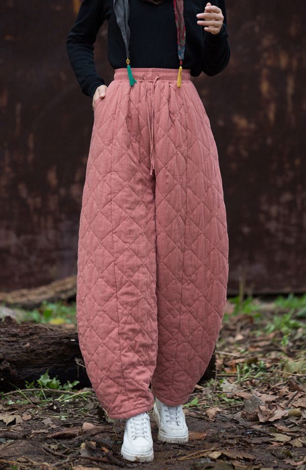 燕燕~秋冬新款 夾棉加厚絎縫菱形格老爹褲 文藝寬鬆百搭女式棉褲 長褲 