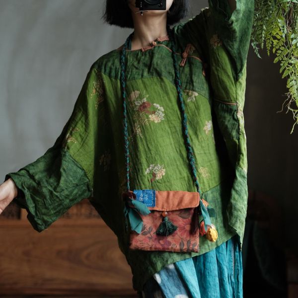 燕燕~棉麻商品~拼色復古文藝做舊人絲寬鬆大袖口中長斜襟襯衫 開襟衫 ab220801 