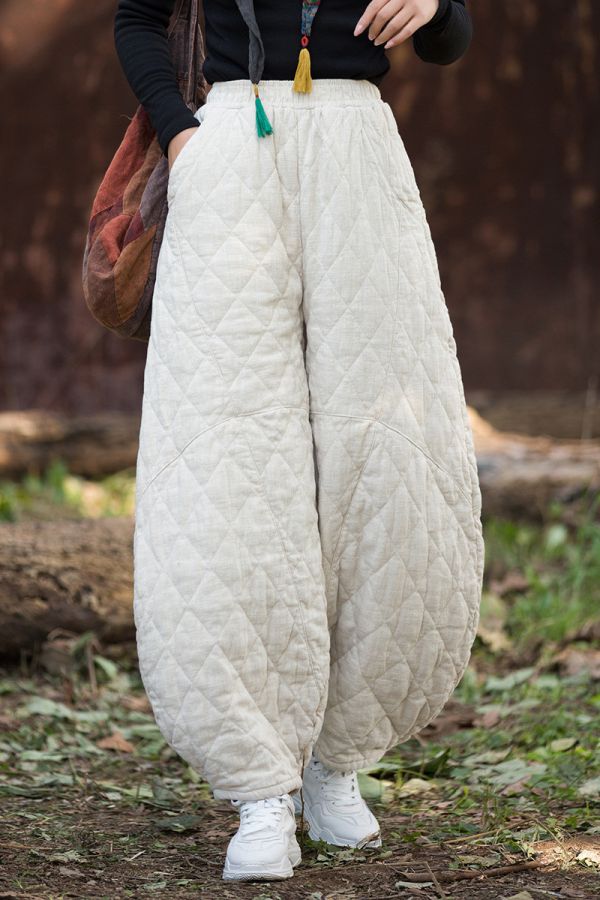 燕燕~冬季新款 復古夾棉絎縫菱形格加厚保暖燈籠棉褲 長褲 