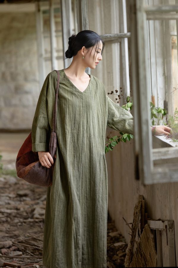 燕燕~秋冬新款 苧麻棉紮染洋裝連身裙 