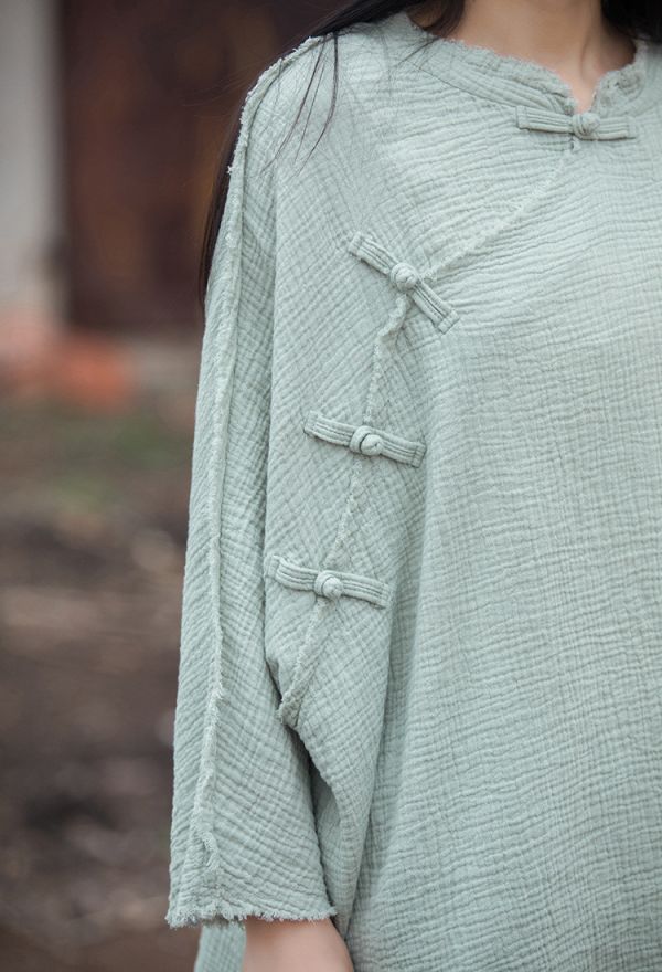 燕燕 秋冬新款  雙層棉砂洗磨毛百搭T恤 棉麻改良盤扣禪意上衣 