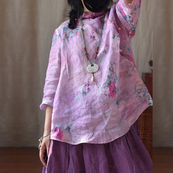 燕燕~棉麻商品~數碼印花苧麻材質 中式盤扣女式襯衫 七分袖棉麻衫 上衣 