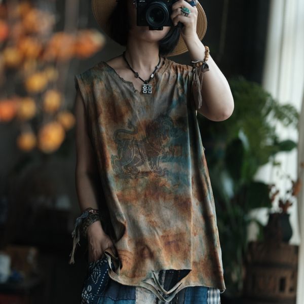 燕燕~夏季款式 復古手工植物染棉料V領背心 