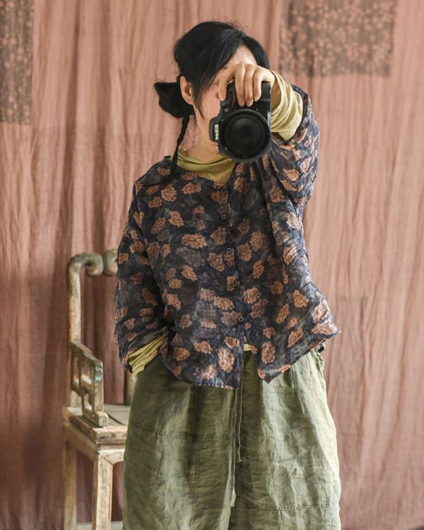 燕燕~棉麻商品~春秋夏款  輕薄苧麻. 數碼印花文藝復古長袖 上衣 女式襯衫 外套 