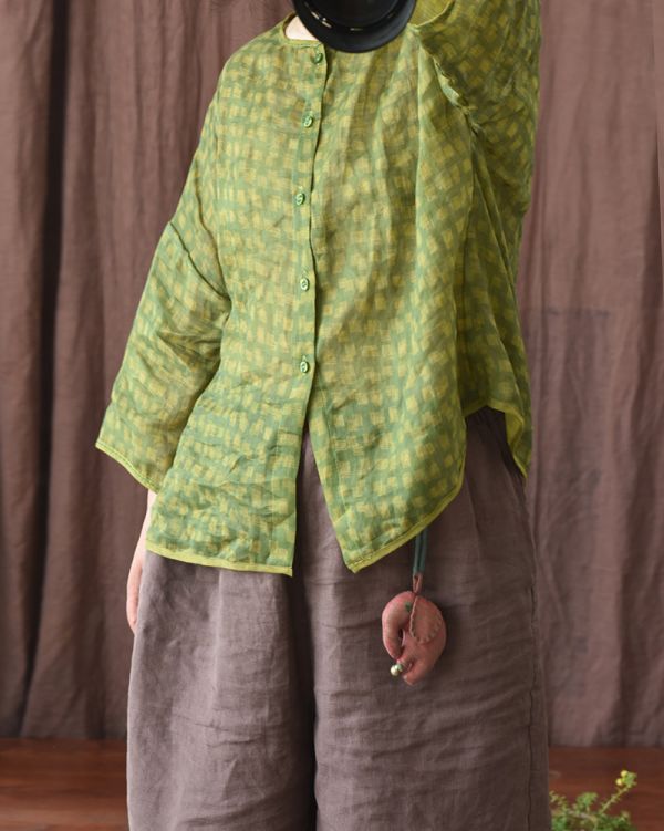 燕燕~棉麻商品~苧麻 染色數碼印花七分袖襯衫 夏季輕薄手縫線麻開衫 