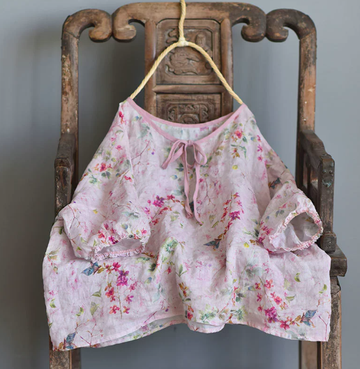 燕燕~棉麻商品~純苧麻材質 印花小衫 燈籠袖圓領繫帶泡泡袖設計上衣 襯衫 短袖棉麻衫 