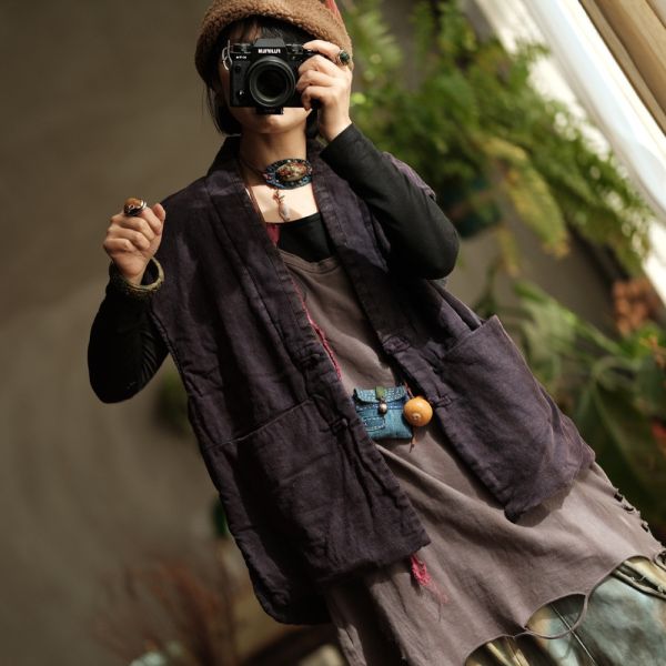 燕燕~棉麻商品~純亞麻。做舊雪花洗撞色領寬鬆夾棉坎肩背心  ab192601 