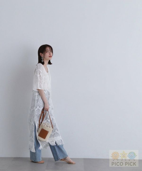 【日本直送｜N. by NATURAL BEAUTY BASIC】刺繡鏤空流蘇罩衫洋裝｜白色蕾絲罩衫｜涼感穿搭層次首選 