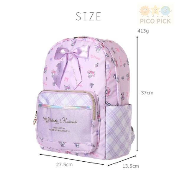 【日本直送 正版】Sanrio 角色印花蝴蝶結格紋後背包｜A4收納｜Sanrio後背包、可愛學生書包 