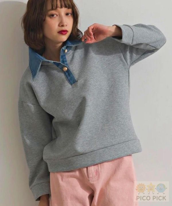 2026春裝Elencare due日本 假兩件牛仔領拼接上衣 長袖上衣 衛衣 休閒上衣 女裝 