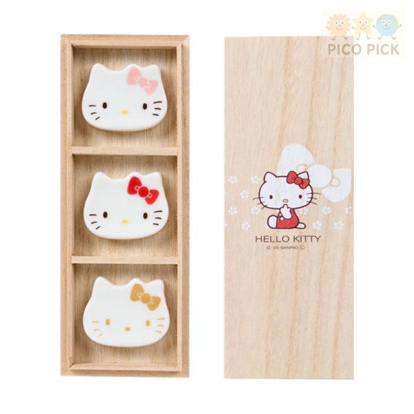 日本直送｜日本製正版Hello Kitty 三色蝴蝶結陶瓷筷架組（附木盒）】禮盒組 