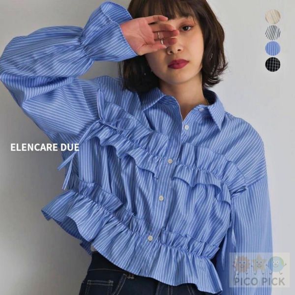 2026春裝日本 Elencare due荷葉綁帶短版襯衫 上衣 條紋/格紋 甜美氣質 女裝 