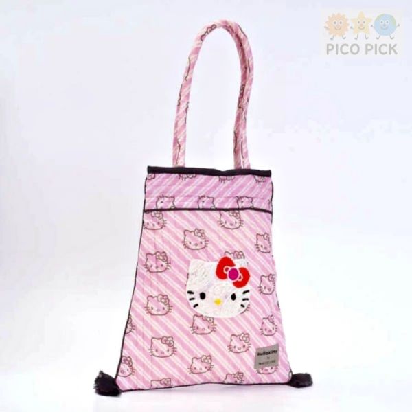 日本直送 Hello Kitty × MAYGLOBE 聯名手工印花流蘇托特包｜粉色條紋貓臉刺繡｜肩背包｜環保袋 Hello Kitty 托特包、Hello Kitty 聯名包、MAYGLOBE 包包、手工印花包、木版印花托特包、流蘇肩背包、日本直送包包、Hello Kitty 環保袋