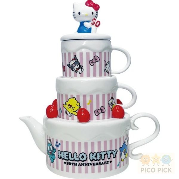 日本直送  日本正版Hello Kitty 50週年 蛋糕造型茶壺＋杯子組 
