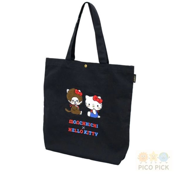 日本【Monchichi × Hello Kitty 聯名刺繡托特包 / 刺繡托特包小提袋】黑色A4手提袋 