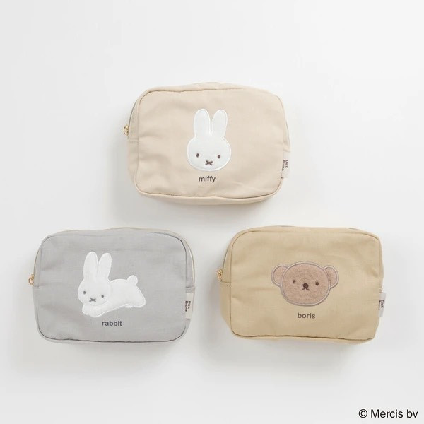 日本 Miffy BRUNA FLUFFY APPLIQUE 系列｜刺繡毛絨帆布收納袋／立體化妝包／束口袋 