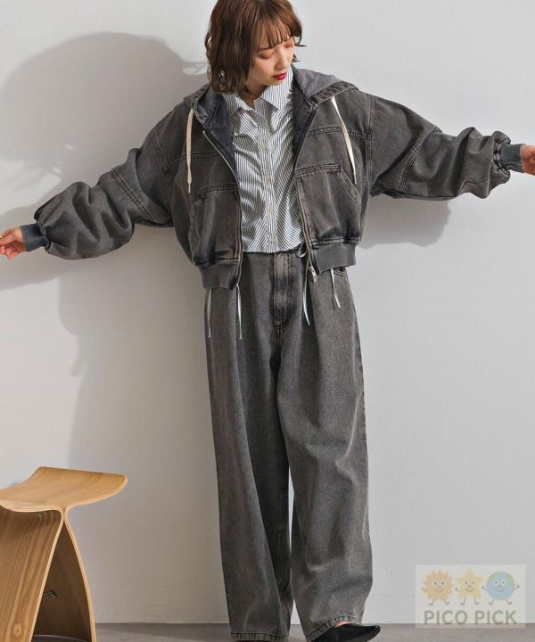 2026春裝日本Elencare due 短版牛仔外套＋打摺寬褲套裝 女裝 丹寧套裝 連帽外套 牛仔褲 寬褲 套裝 