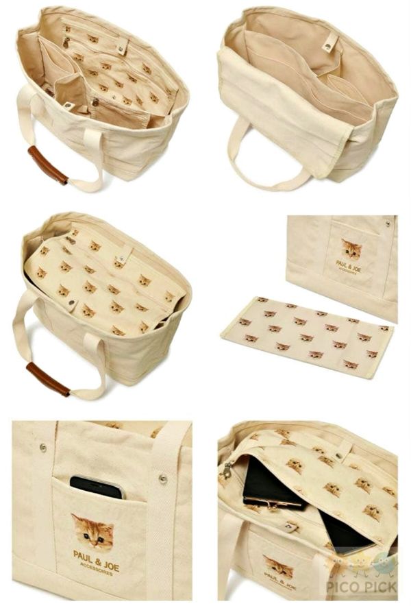 日本｜PAUL & JOE ACCESSOIRES 多層收納帆布托特包｜貓咪刺繡／花卉刺繡｜通勤肩背手提兩用媽媽包 
