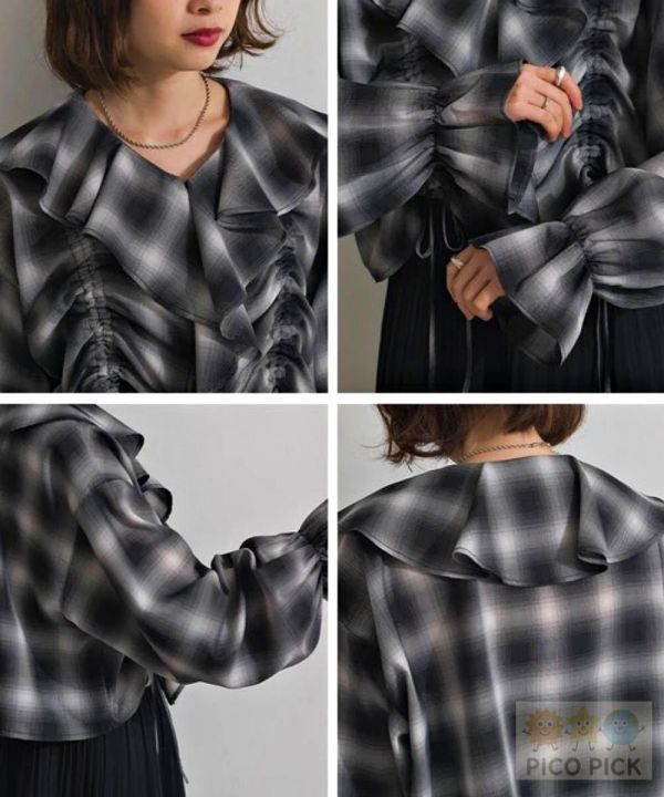 2026春款日本Elencare Due 設計款｜浪漫荷葉抽繩V領格紋上衣 雪紡荷葉邊短版上衣 女生上衣 