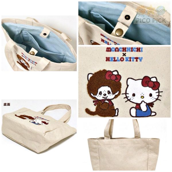 日本｜正版夢幻聯名Monchhichi × Hello Kitty 聯名帆布托特包｜手提包｜收納袋 