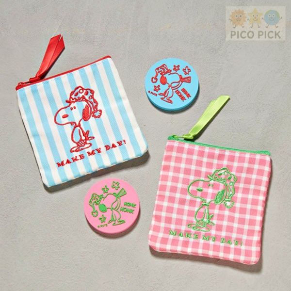 日本直送 Snoopy MAKE MY DAY! 刺繡方形拉鍊收納包＋隨身鏡組合 Snoopy收納包, Snoopy隨身鏡, Snoopy手提袋, Snoopy保溫瓶, 史努比限定, Snoopy禮物組, 日本直送Snoopy