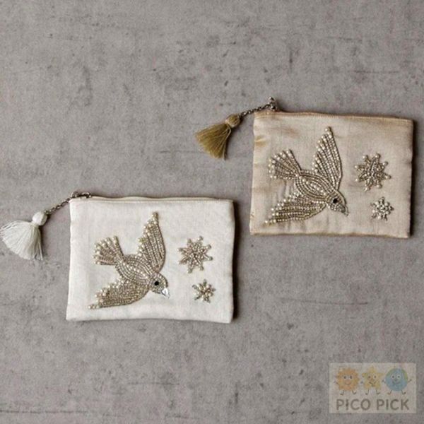 日本 cottage手工珠飾刺繡小鳥化妝包 S款 米色／白色 收納包 手拿包 隨身小物包 