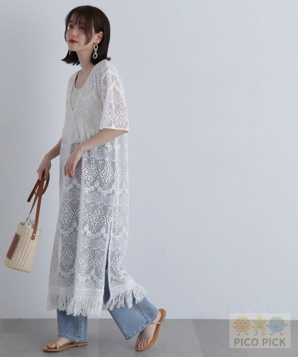 【日本直送｜N. by NATURAL BEAUTY BASIC】刺繡鏤空流蘇罩衫洋裝｜白色蕾絲罩衫｜涼感穿搭層次首選 