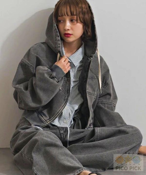 2026春裝日本Elencare due 短版牛仔外套＋打摺寬褲套裝 女裝 丹寧套裝 連帽外套 牛仔褲 寬褲 套裝 