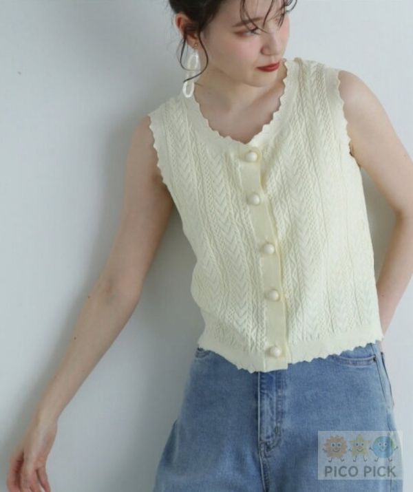 日本直送｜N. by NATURAL BEAUTY BASIC】珍珠鈕針織背心上衣｜奶油白｜夏日無袖針織款 