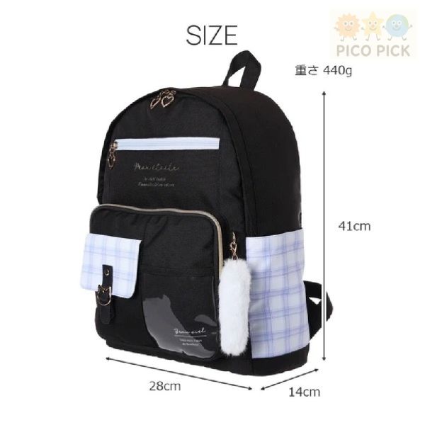 【日本直送正版】Coboca+ 貓咪扣環格紋拼接後背包（附毛絨尾巴吊飾）｜A4收納｜輕量17L｜兒童書包 
