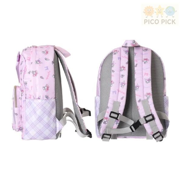 【日本直送 正版】Sanrio 角色印花蝴蝶結格紋後背包｜A4收納｜Sanrio後背包、可愛學生書包 