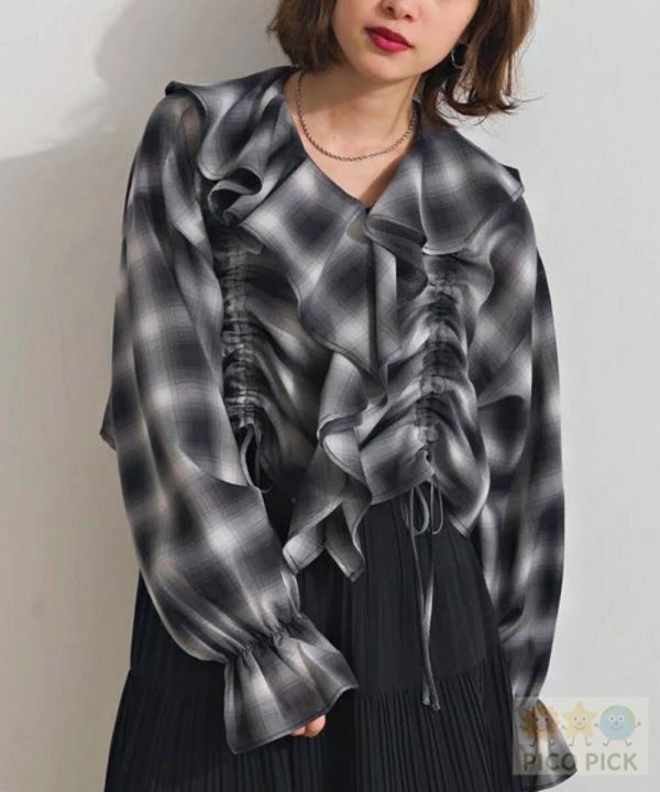 2026春款日本Elencare Due 設計款｜浪漫荷葉抽繩V領格紋上衣 雪紡荷葉邊短版上衣 女生上衣 
