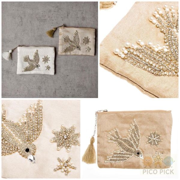 日本 cottage手工珠飾刺繡小鳥化妝包 S款 米色／白色 收納包 手拿包 隨身小物包 