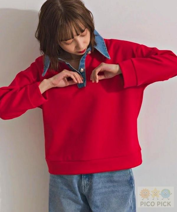 2026春裝Elencare due日本 假兩件牛仔領拼接上衣 長袖上衣 衛衣 休閒上衣 女裝 