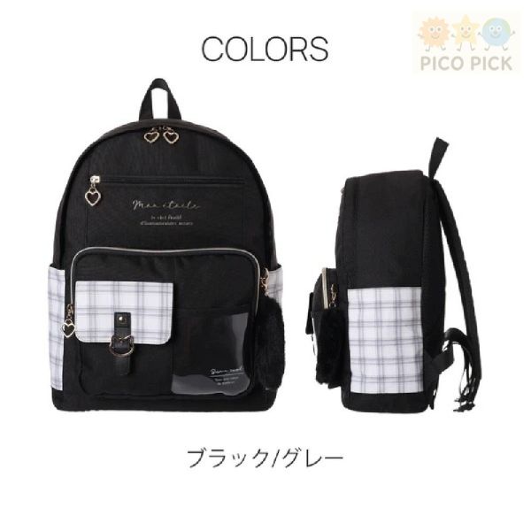 【日本直送正版】Coboca+ 貓咪扣環格紋拼接後背包（附毛絨尾巴吊飾）｜A4收納｜輕量17L｜兒童書包 