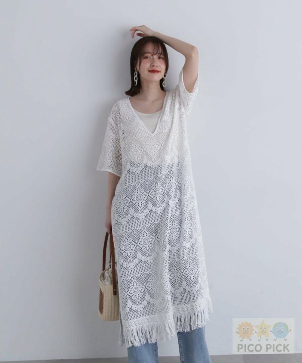【日本直送｜N. by NATURAL BEAUTY BASIC】刺繡鏤空流蘇罩衫洋裝｜白色蕾絲罩衫｜涼感穿搭層次首選 
